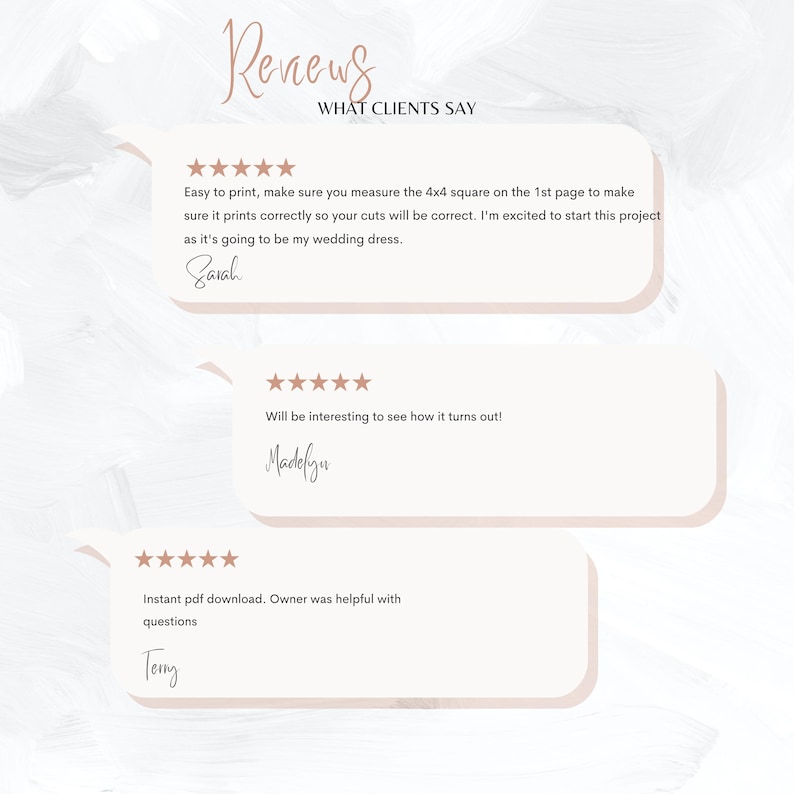 May include: A digital graphic with the word "Reviews" in a cursive font, and the phrase "WHAT CLIENTS SAY". Three customer reviews are displayed in speech bubbles, each with a five-star rating and a short testimonial. The reviews are in a soft pink color.
