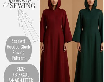 Scarlett Hooded Cloak Sewing Pattern:Full-Length Medieval Renaissance Cape|Fantasy Costume PDF Pattern | XS-4XL (A0 A4 US Letter) ZR051