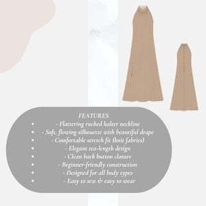 May include: A beige tea-length dress with a ruched halter neckline and a flowing silhouette. The dress features a clean back button closure and is designed for all body types. The image also includes the text "FEATURES".