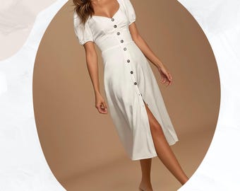Ivory Midi Dress Sewing Pattern, Puff Sleeve, Flared, Cottagecore Style (PDF Download)