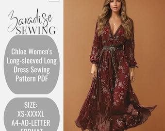 Chloe Women's Long-sleeved Long Dress Sewing Pattern PDF ,Boho Long Dress pattern, Maxi Dress Pattern ,Woman PDF sewing printable pattern