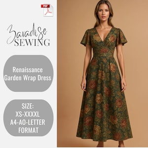 Puede incluir: Una mujer con un vestido cruzado verde con un estampado floral de rosas rojas y amarillas. El vestido tiene mangas cortas y cuello en V. El texto a la izquierda dice "Paradise Sewing" y "Renaissance Garden Wrap Dress". Tallas: XS-XXXXL.