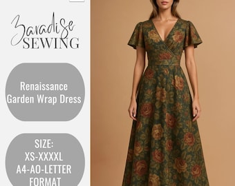 Renaissance Garden Wrap Dress Sewing Pattern–DIY Romantic Floral Dress, Boho Summer Gown,Historical Costume PDF,XS–4XL–A0,A4,Letter Formats