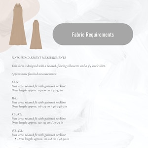 May include: Two beige dresses are displayed, one front and one back view. The image includes text detailing finished garment measurements, including bust area and dress length in centimeters and inches for various sizes, from XS-S to 3XL-4XL.