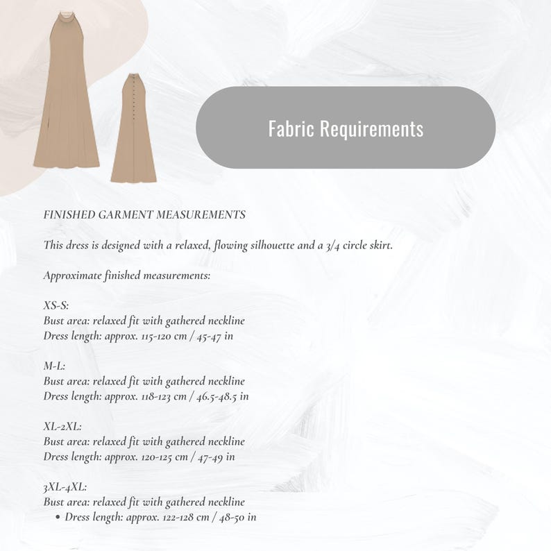 May include: Two beige dresses are displayed, one front and one back view. The image includes text detailing finished garment measurements, including bust area and dress length in centimeters and inches for various sizes, from XS-S to 3XL-4XL.