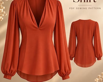 May include: A rust-colored chiffon shirt with long, gathered sleeves and a deep V-neckline. The image displays both front and back views of the garment, with the text Chiffon Shirt PDF SEWING PATTERN printed in the upper right corner.