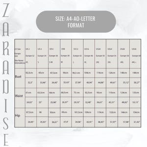 May include: A size chart with measurements for bust, waist, and hip in both centimeters and inches. The chart includes US and European sizes, ranging from XS to 4XL+, and is labeled "SIZE: A4-AO-LETTER FORMAT."