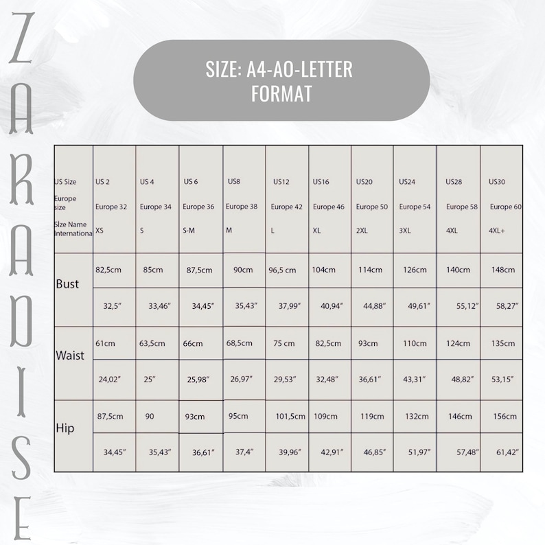 May include: A size chart with measurements for bust, waist, and hip in both centimeters and inches. The chart includes US and European sizes, ranging from XS to 4XL+, and is labeled "SIZE: A4-AO-LETTER FORMAT."