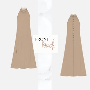 May include: A beige halter neck dress with a high neckline and a side slit. The back view shows a row of buttons down the center. The text "FRONT back" is displayed in the center of the image.