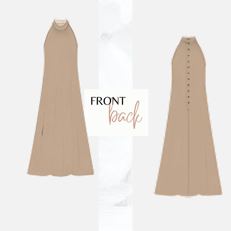 May include: A beige halter neck dress with a high neckline and a side slit. The back view shows a row of buttons down the center. The text "FRONT back" is displayed in the center of the image.