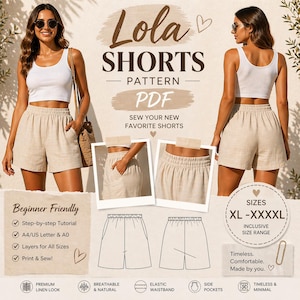 May include: An advertisement for a PDF sewing pattern for "Lola Shorts." The image shows a woman wearing beige shorts with an elasticated waistband and side pockets. The pattern is beginner-friendly, with sizes XL-XXXXL. The text includes "Premium Linen Look" and "Breathable & Natural."
