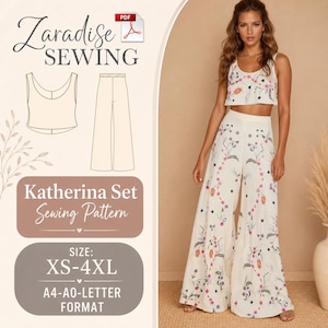 Peut inclure: Patron de couture Katherina, ensemble crème avec haut et pantalon large. Tailles XS-4XL, format A4-A0-Lettre. L'image montre également une femme portant l'ensemble brodé de fleurs.