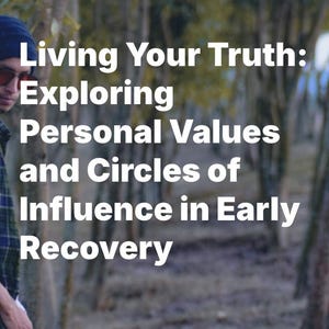 May include: A man wearing a blue beanie and a plaid shirt stands in a forest. The text "Living Your Truth: Exploring Personal Values and Circles of Influence in Early Recovery" is superimposed on the image.