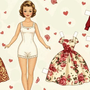 May include: A vintage paper doll illustration featuring a woman in a white romper with lace trim, and a floral dress with a red ribbon. Red hearts and roses are scattered across the cream-colored background.