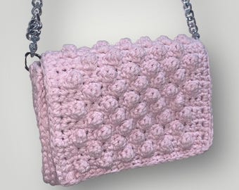 Bolso de burbujas de crochet rosa bebé, bolso rosa bebé, bolso de hombro hecho a mano, hilo grueso suave, regalo para ella