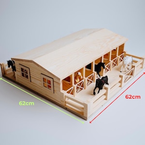 Handmade Wooden Horse Stable - Mustang | 14 Stalls | Natural Wood | Gift for Kids | Stable for Schleich, Collecta