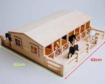 Handmade Wooden Horse Stable - Mustang | 14 Stalls | Natural Wood | Gift for Kids | Stable for Schleich, Collecta