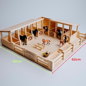 Handmade Wooden Horse Stable - Fresian | 8 Stalls | Natural Wood | Gift for Kids | Stable for Schleich, Collecta | XALO fun