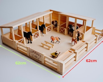 Handmade Wooden Horse Stable - Fresian | 8 Stalls | Natural Wood | Gift for Kids | Stable for Schleich, Collecta | XALO fun