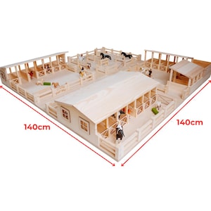 Handmade Wooden Set - Horse World | 3 Stables and Paddock + Accessories | 29 Stalls |Natural Wood |Stable for Schleich, Collecta | XALO fun