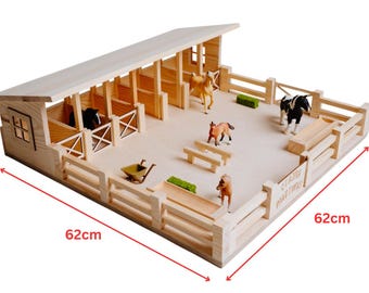 Wooden Horse Stable - Andalusian | 7 Stalls | Natural Wood | Gift for Kids | Stable for Schleich, Collecta