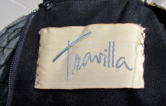 1970s Iconic TRAVILLA Navy Geometric Illusion Dres