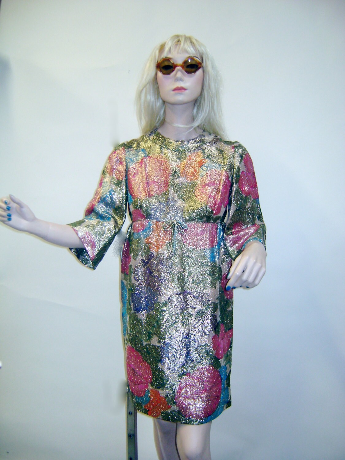 Runway Ready Metallic Thread 1960s Floral Fabric Mini Dress