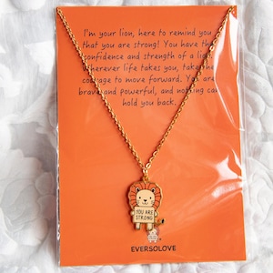 Collar de león "Eres fuerte" con tarjeta positiva, salud mental, joyería curativa, alivio del estrés, regalo para niños, regalo de aliento, 47c