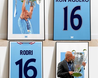 Erling Haaland, Pep Guardiola, Aguero, Rodri Man City Framed Print, Man City Poster, Football Wall Art,Football Posters, Manchester City Art