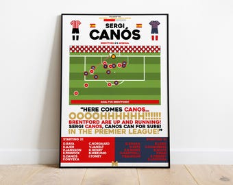 May include: A red and white football pitch with a red and white striped goal. The text "SERGI CANÓS" is at the top of the image. The text "HERE COMES CANOS... OOOOOOOHHHHHHHH!!! BRENTFORD ARE UP AND RUNNING! SERGI CANOS, CANOS CAN FOR SURE! IN THE PREMIER LEAGUE!" is at the bottom of the image. The text "STARTING XI" is on the left side of the image. The text "STARTING XI" is on the right side of the image.