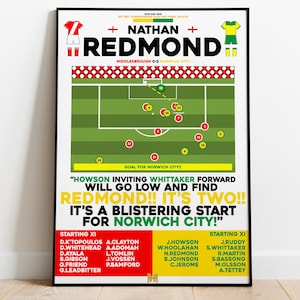 Nathan Redmond v Middlesbrough Print, Norwich City Poster, Football Wall Art, Football Posters, Norwich City Art Print, Norwich City Print