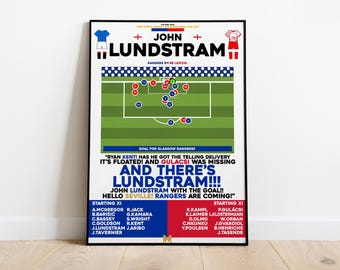 ジョン・ランドストラム対RBライプツィヒのプリント、レンジャーズFCのポスター、サッカーのウォールアート、サッカーのポスター、レンジャーズアート、レンジャーズFC、サッカーのプリント