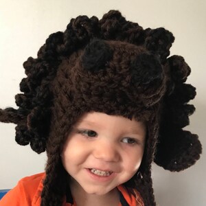 May include: A brown crocheted hat shaped like a hedgehog with a child wearing the hat. The hat has a curly, textured design.