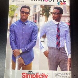 May include: A sewing pattern package featuring two men modeling shirts and pants. The package includes the text "MIMIGSTYLE" and "Simplicity" with the size range "U.S. 44-52". The package also includes the text "SEW ALONG WITH MIMI G".