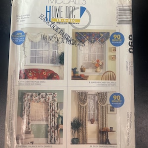 May include: A McCall's Home Dec sewing pattern envelope featuring four window treatment designs: a jiffy over-the-pole swag, a handkerchief valance, an imperial valance with drapes, and easy swagged panels. The white paper envelope displays text and images of curtains.