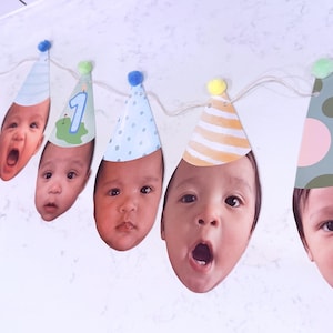 Custom Face Photo Banner: Party Hats, Personalized Birthday Garland