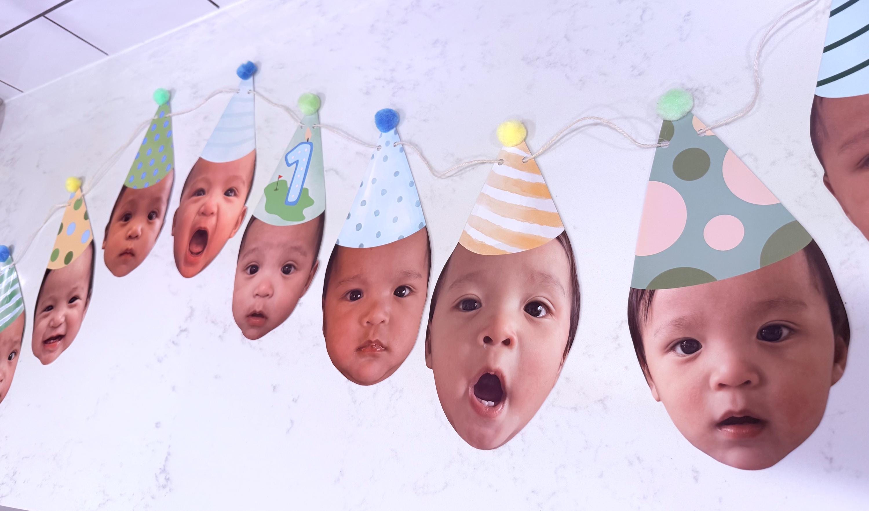 Custom Face Banner Birthday | Personalized Photo Garland with Party Hats | Funny Baby 1st Birthday Banner | Kids Party Decor | Face Cutout