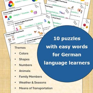 Ten (10) German-English word search puzzles, easy word difficulty, fun for language learners, instant download, choose from two difficulties