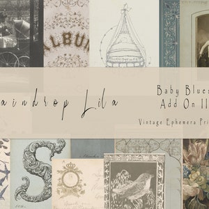 Może przedstawiać: Cyfrowy kolaż vintage'owych obrazów, w tym wózek dziecięcy, ptak, kompozycja kwiatowa i dziecko na zdjęciu. Tekst "Raindrop Lila Baby Blues Add On II Vintage Ephemera Printable" jest wyświetlany na beżowym tle.