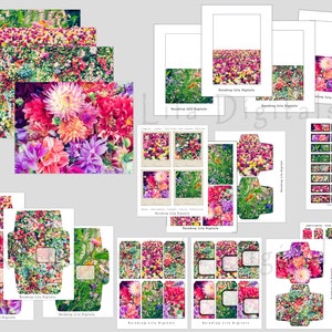 Bloemenexplosie - 20 PCS afdrukbare kit Junk Journal - papier, briefpapier, kaarten, enveloppen, notitiekaarten, tags en labels