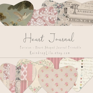 Diário em formato de coração para impressão, coleção rosa parisiense - DOWNLOAD INSTANTÂNEO - Raindrop Lila, kit digital Shabby Chic para Junk Journaling