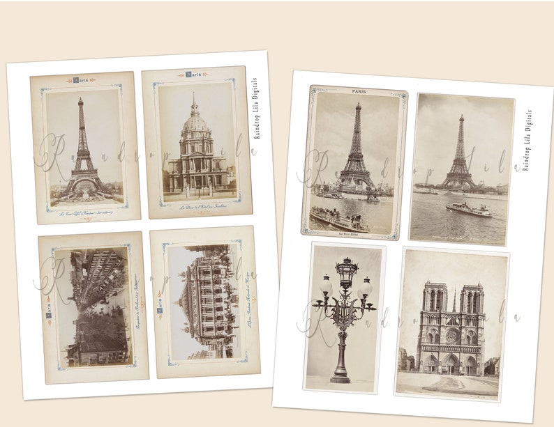 May include: A collection of vintage-style postcards featuring iconic Parisian landmarks. The sepia-toned images include the Eiffel Tower, Notre Dame Cathedral, and other architectural details. The postcards have decorative borders and text.