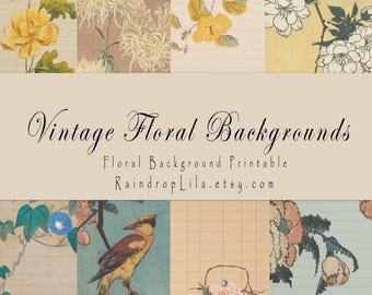 May include: A collage of vintage floral backgrounds with various flower illustrations in yellow, white, and pink. The text "Vintage Floral Backgrounds" is displayed in elegant script, with additional text below. The Etsy shop name is also included.