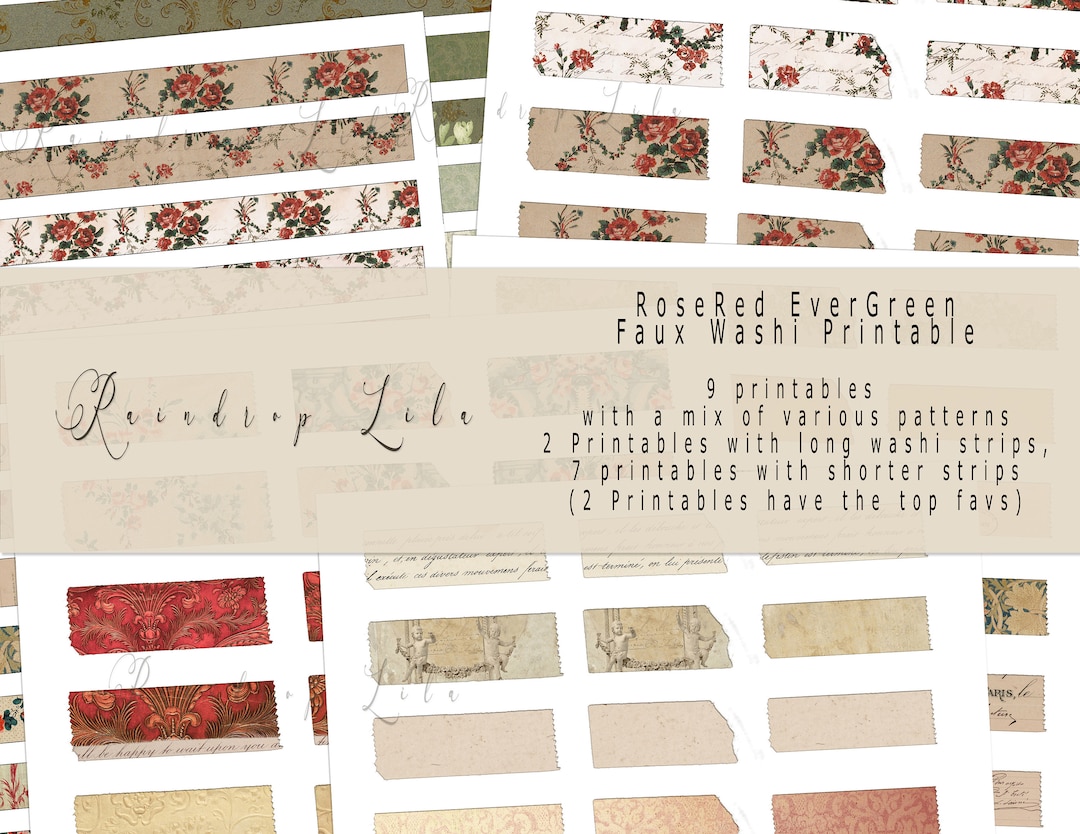 9 PC DIY Faux Washi Printable Rosered Evergreen Vintage Collection ...