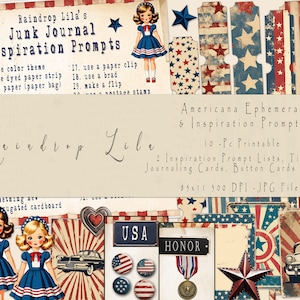 Americana Ephemera- Kit Junk Journal - Collezione Raindrop Lila, Tag, Biglietti, carte bottone, veterano, esercito, 4 luglio, Giorno dell'Indipendenza