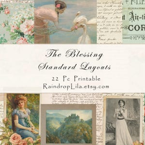 Puede incluir: Un collage de imágenes de estilo vintage, que incluye una mujer alimentando cisnes, patrones florales y retratos. También se ve el texto "The Blessing Standard Layouts" y "22 Pc Printable RaindropLila.etsy.com".