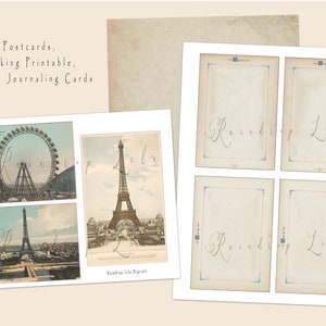 May include: A collection of vintage-style postcards and journaling cards featuring Parisian landmarks like the Eiffel Tower and a Ferris wheel. The text "Postcards, Packing Printable, & Paris Journaling Cards" is visible. The cards have a sepia tone.