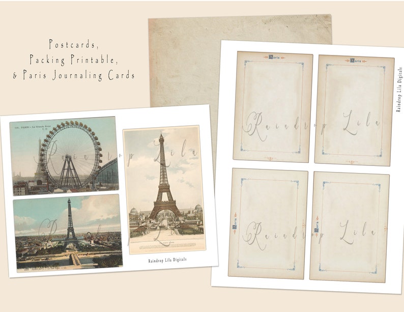 May include: A collection of vintage-style postcards and journaling cards featuring Parisian landmarks like the Eiffel Tower and a Ferris wheel. The text "Postcards, Packing Printable, & Paris Journaling Cards" is visible. The cards have a sepia tone.