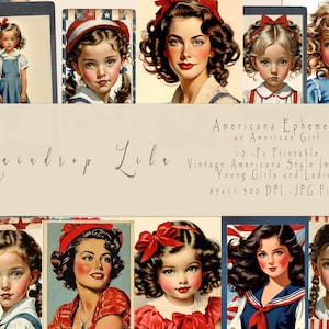 Americana Ephemera - Una ragazza americana - Kit diario spazzatura - Raindrop Lila, ALL AMERICAN DREAM, 4 luglio, bambole di carta, biglietto d'auguri