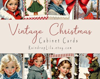 May include: A collage of vintage Christmas cabinet cards featuring illustrations of children in winter attire and festive scenes. The cards showcase children in red hats, green dresses, and winter coats, with a red bow and text that reads "Vintage Christmas Cabinet Cards".